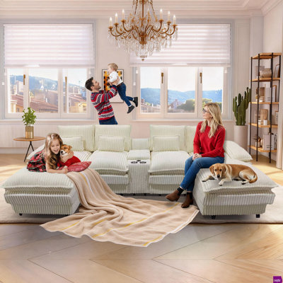 Naomi 124.8" Corduroy U-shaped Sofa With A Center Console Table And USB Ports Four Pillows Included. Suitable For Ppacious Meeting Rooms And Living Rooms.