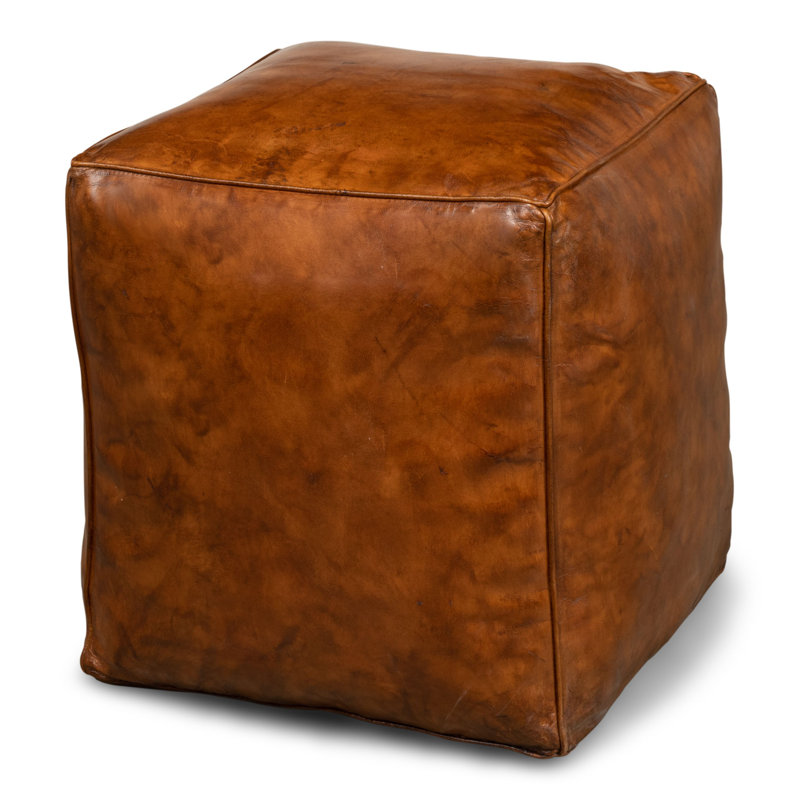 Square Ottoman, Brown Genuine Leather