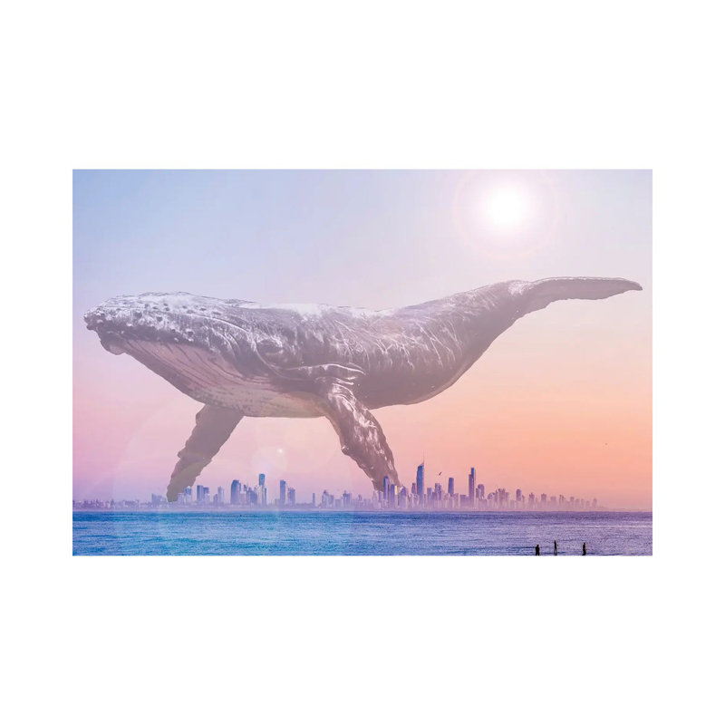 Mega Whale Over A Hazy Surf City by David Loblaw - Wrapped Canvas Print, 20.32 cm H x 30.48 cm W