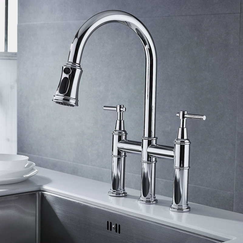 Bridge Kitchen Faucet With Pull-Down Sprayhead In Spot, Chrome