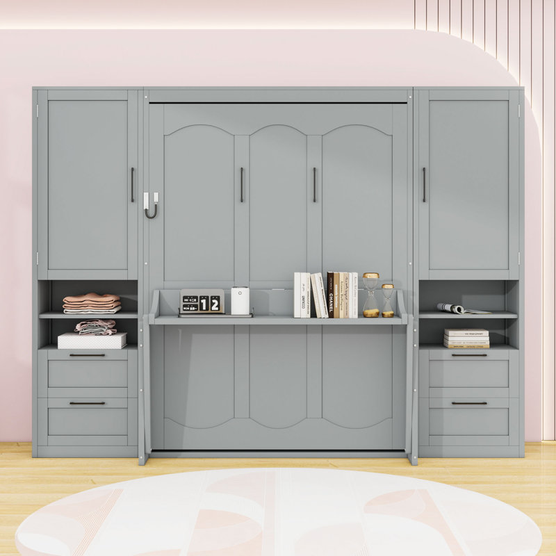 Lit escamotable double avec placard, tiroirs et tablettes, gris