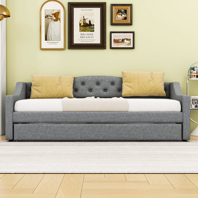 Twin XL Upholstered Daybed with LED Belt and Twin XL Trundle, Gray