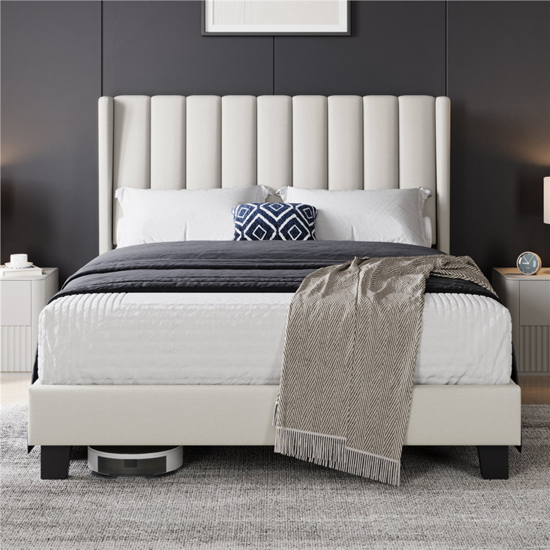 Upholstered Bed Frame with Channel Tufted Headboard, Double (4'6), Beige