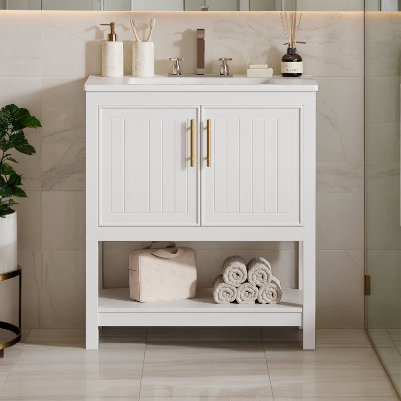 Meuble-lavabo simple 30 po avec plateau supérieur en céramique et tablette inférieure ouverte, Blanc