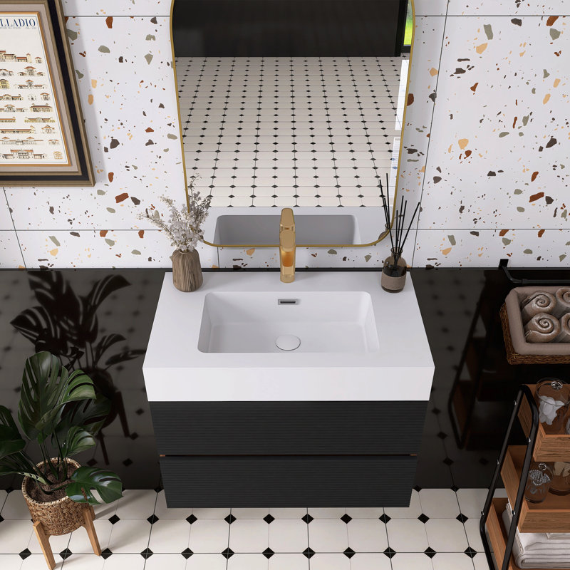 Walnut Bathroom Vanity With Glossy White Solid Surface Sink, 30"