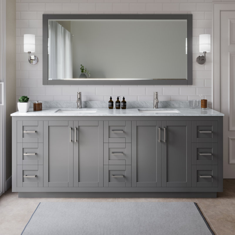 Ensemble de meuble-lavabo double autoportant 84 po avec plateau en marbre Miranda, Nickel brossé, Gris foncé