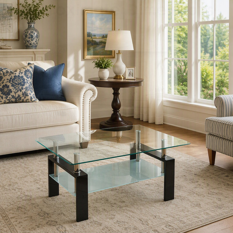Table basse moderne en verre trempé transparent à 2 niveaux, durable et élégante pour le salon, Transparent/Black