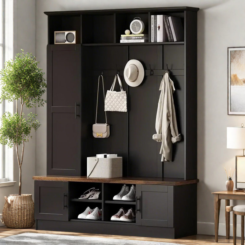 73.3"H Hall Tree with Open Storage,3-in-1 Hall Tree with Bench, Black