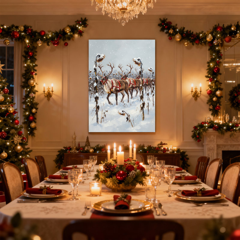 Ensemble de 3 impressions sur toile renne de Noël tirant un traîneau dans un champ enneigé, H 30 po x l 20 po