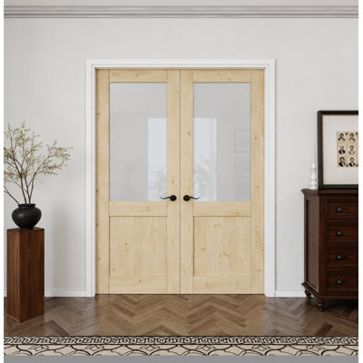 Interior Half-Lite Pine Wood & Frosted Glass Door, Colonial Natural Solid Pine Double French Doors, SGCC Certified Tempered Glass, White Frame & Matte Black Hardware-Privacy Door Lever with Lock, Latch & Hinges, Unfinished & Paintable, 48"x 80"
