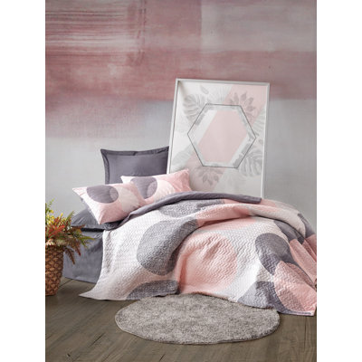 Premium 100% Cotton Ranforce Quilt Cover Set, 70.9 x 90.6 Inches | Includes 63 x 27.6 Inches Pillowcase, Machine Washable, Elegant Grey, Pink & White Design, Soft & Breathable, Perfect for All Seasons