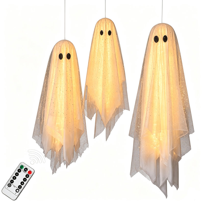 Lot de 3 décorations d'Halloween : des fantômes suspendus avec des lumières, des décorations de porche