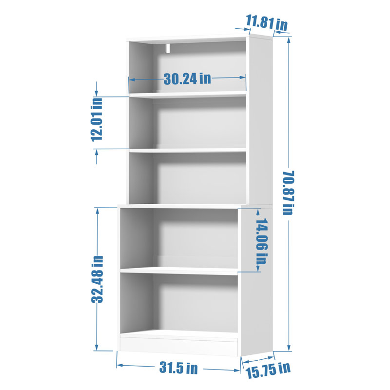 White 71" Tall 5-Tier Wood Bookshelf with Doors