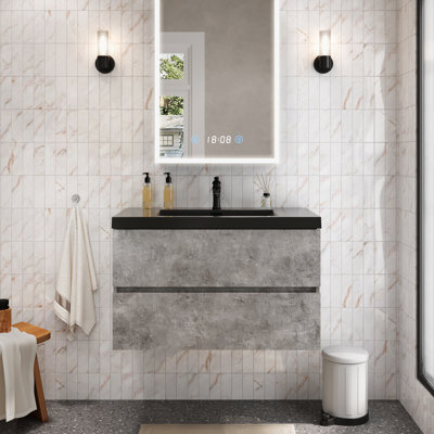 Meuble-lavabo flottant gris 36 po avec comptoir en quartz noir et 2 tiroirs souples