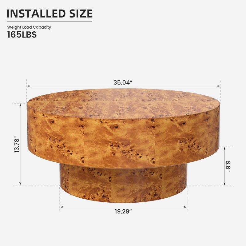 Handcrafted Burl Wood Round Coffee Table with Strudy Pedestal, Mid-Century Modern Solid Wood Coffee Table for Living Room