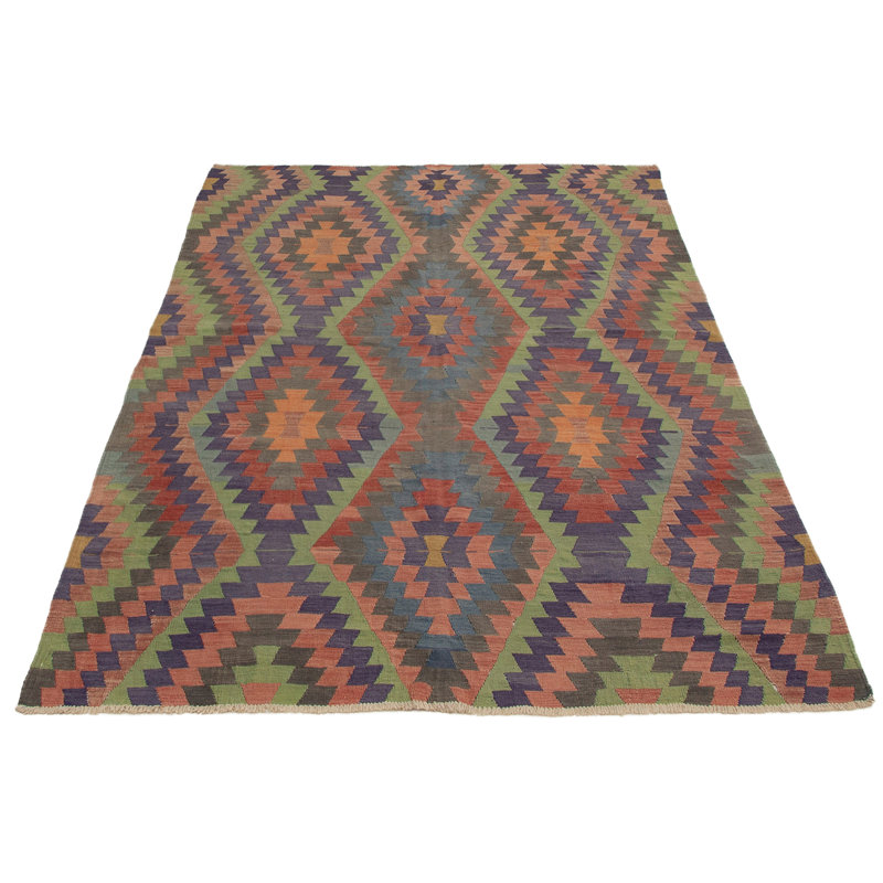Tapis orange/mauve/vert en laine 6 pi 1 po x 10 pi 2 po one-of-a-kind fait main kilim SaintCroix