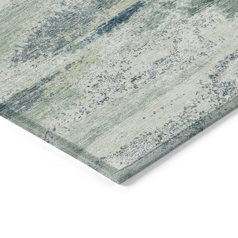 Tapis intérieur lavable abstrait vert ivoire et bleu denim 9 pi x 12 pi