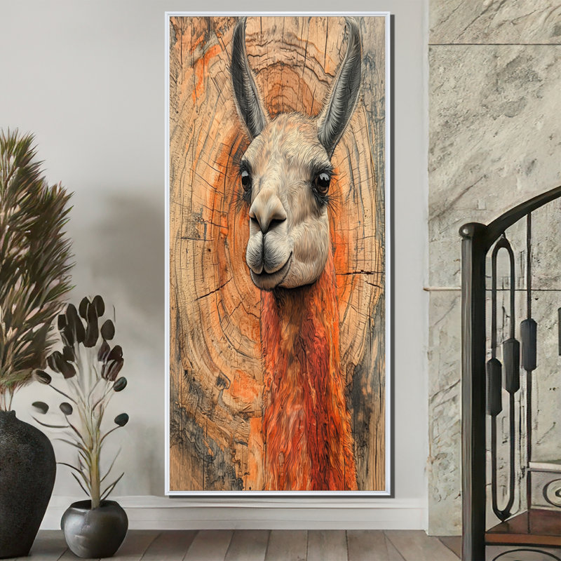 Gillison Llama Portrait At The Mountain, H 60 po x l 28 po, Reproduction avec cadre flottant, Blanc