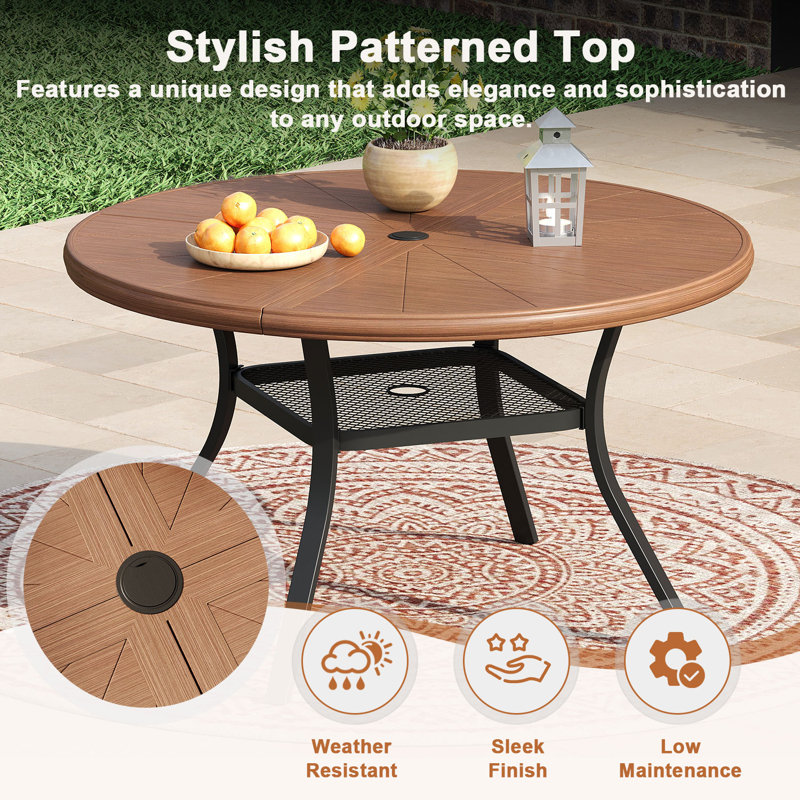 4-Person Aluminum Round Patio Dining Table, Brush Wood Brown, 28" H x 40.6" L x 40.6" W