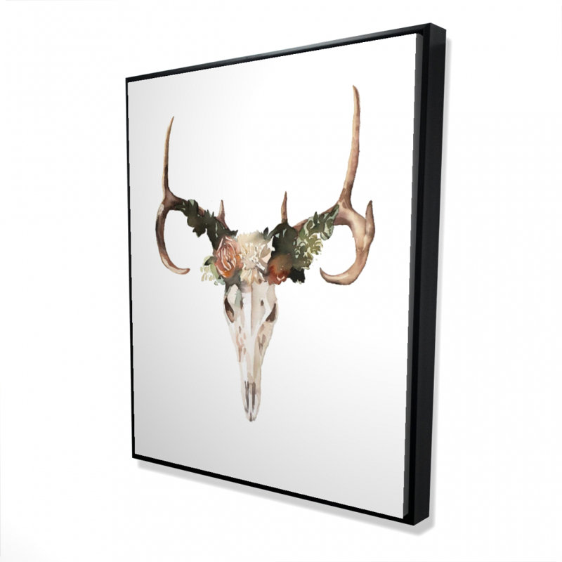 Crâne de cerf avec roses, reproduction sur toile, 60" H x 48" W, Toile encadrée noire