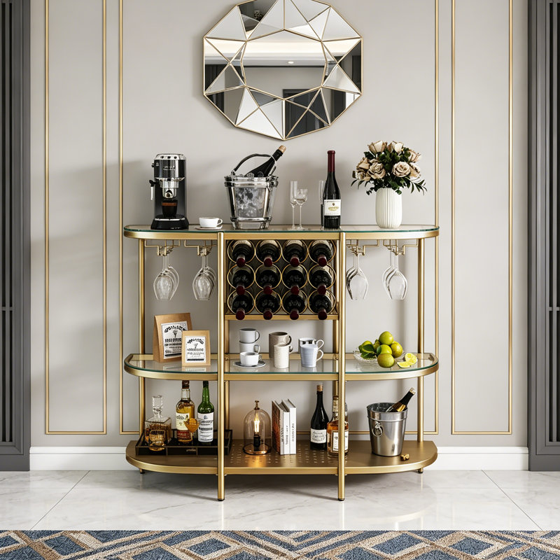 Itasca Metal Wine Bar Stand with 4-Tier Storage, Tempered Glass Wine Rack Table with Glass Holders