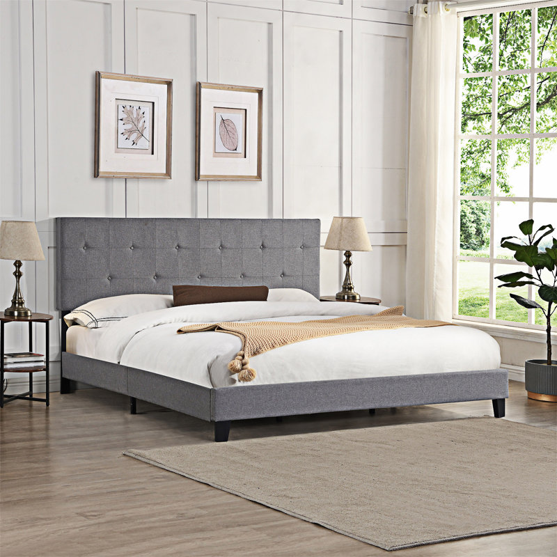Upholstered Platm Bed Frame With Button Tufted Headboard, Dark Gray, King