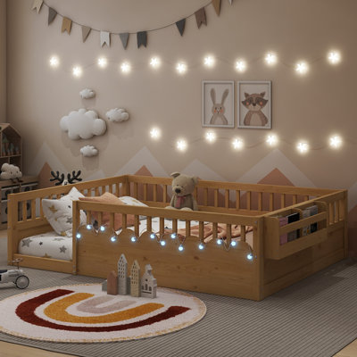 Structure de lit double Montessori avec rails hauts, lits en bois pour enfants avec éclairage et tablette de rangement