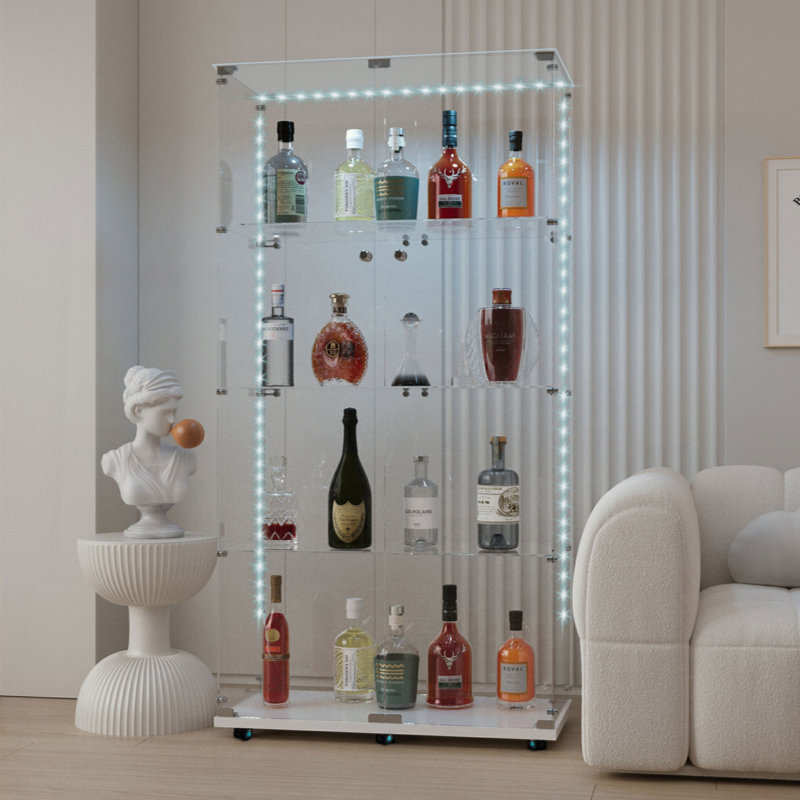 Tempered Glass Display Cabinet,Wine Cabinet, Storage Cabinet,File Cabinet,With Bluetooth LED Strip,Can Be Controlled By Remote Control Or Mobile APP,Swivel Casters,Can Be Placed Anywhere