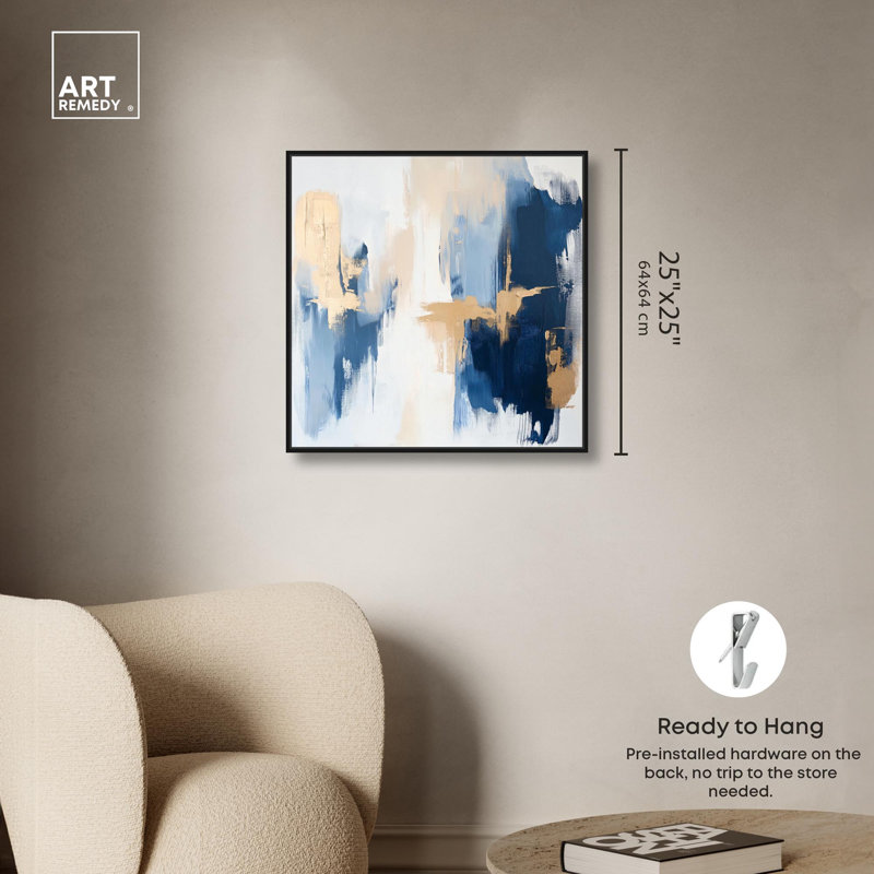 Tranquil Blue Profondeurs II, toile abstraite contemporaine par Art Remedy, Cadre flottant noir, H 25 po x l 25 po