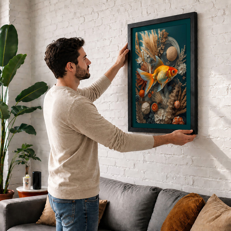 Goldfish Among Stones Eclectic - Framed Print, A3 - 42.0 x 29.7 cm, Walnut