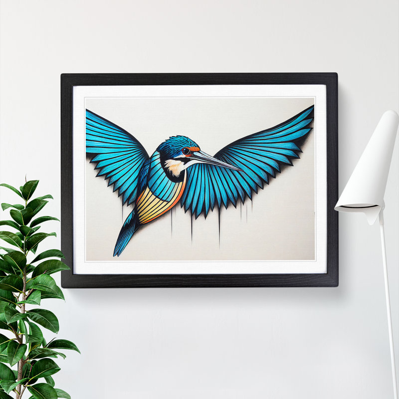 Alluring Kingfisher Bird - Single Picture Frame Print, 46cm H x 64cm W x 2cm D, Black