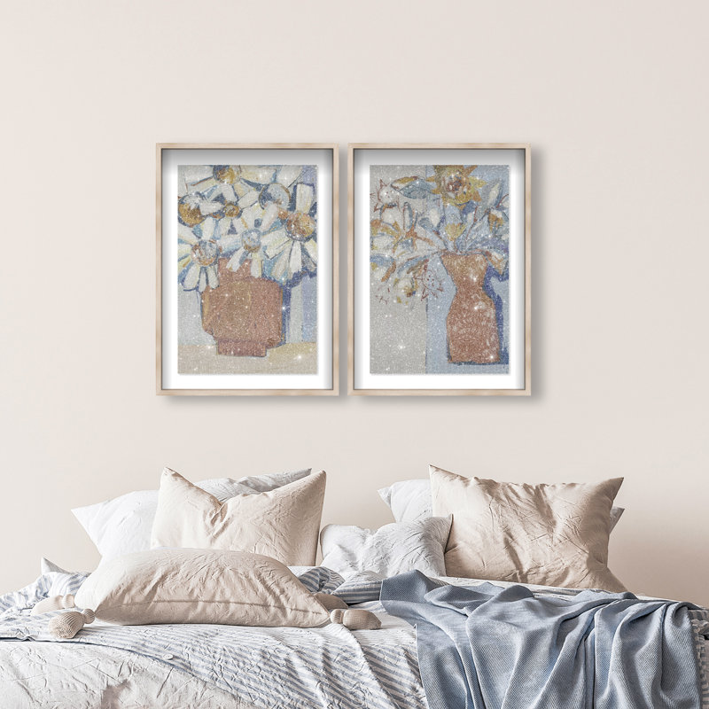 Abstract Flowers Set Shadowbox Abstract Print by Oliver Gal, Black Frame, 10 x 15, 37" H x 25" W, Natural Oak Shadowbox