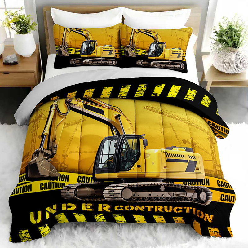 Construction Excavator Comforter Set, Boys Bedding Set with 2 Pillow Cases, Soft and Machine Washable Bedding, All Seasons Comforter for Room Decor
