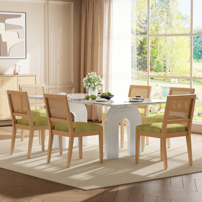 Ensemble de table et de chaises de salle à manger rectangulaires en rotin rembourré, 198 cm (78 po), style ferme mi-siècle, pour coin repas dans la cuisine.