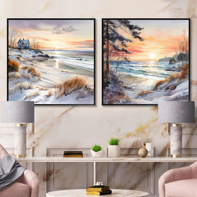 Plage, charme de coucher de soleil en hiver - ensemble de 2 collages carrés