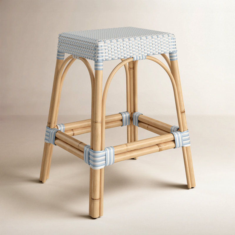 Lennart Counter/Bar Stool, White/Sky Blue Dot / Natural Rattan Frame, Counter Stool (24.5" Seat Height)