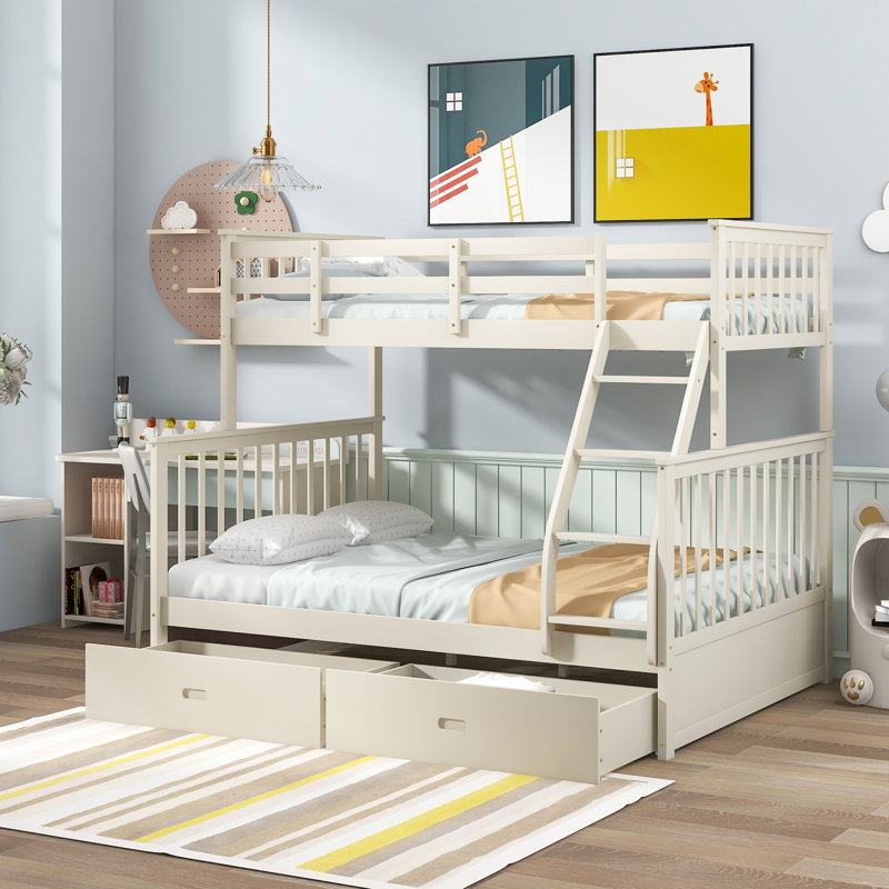 Hallei Twin Over Full Wooden Bunk Bed with Two under Drawers, Cream