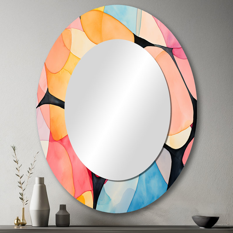 Geometric soft colors tiles III - Multi-Color Modern Oval Wall Mirror, 43" H x 33" W