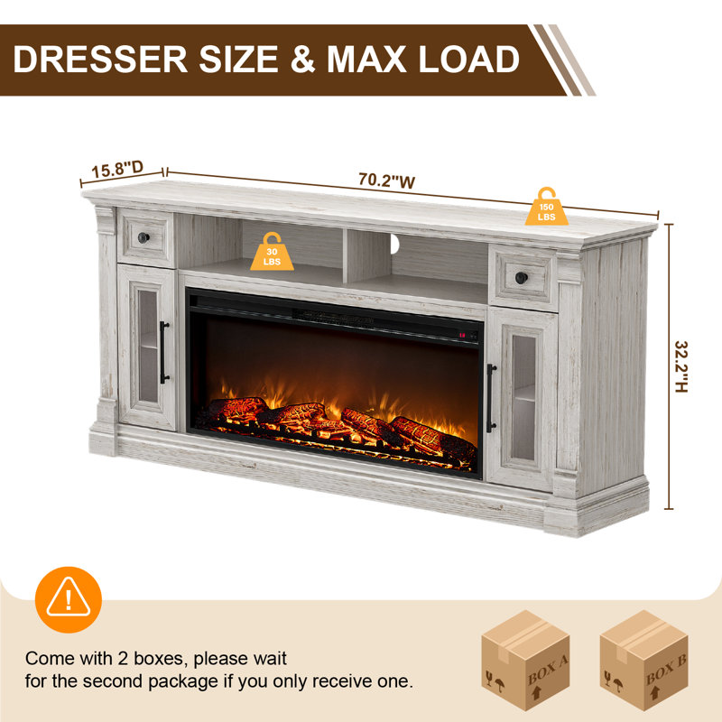 70"ModernFarmhouseFireplaceTVStandforTVsUpto 80",Antique Brush White, Antique Brush White