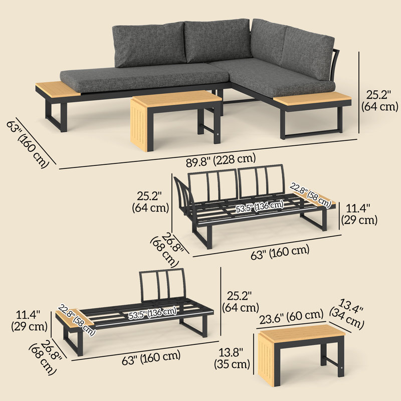 Ensemble de canapé modulaire d'extérieur en L 3 pièces