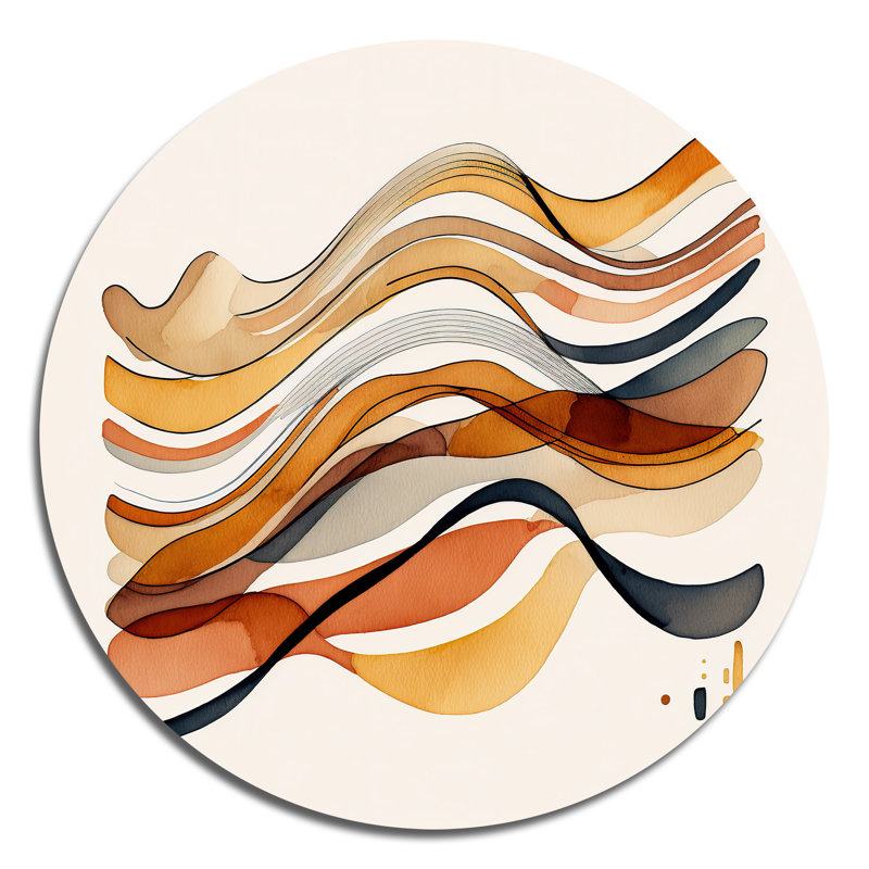 «Burnt Orange Waves Abstract VI - Abstract Spirals», art mural rond sur métal, L 16 po x H 16 po