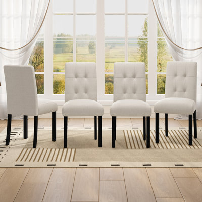 Chaise de salle à manger capitonnée 4 pièces, lin rustique revêtu de pieds en bois d'hévéa noir, chaise d'appoint rembourrée pour la cuisine
