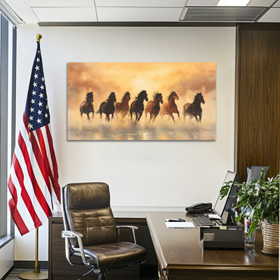 GUTTATY Horse Wall Art, 7 Horses Running Painting Vastu With Frame, Horse Pictures Wall Decor for Living Room, 7 Running Horses Painting Large Horse Poster Art Framed for Bedroom or Office, Vintage Horse Prints Wall Decor 16x32 inches