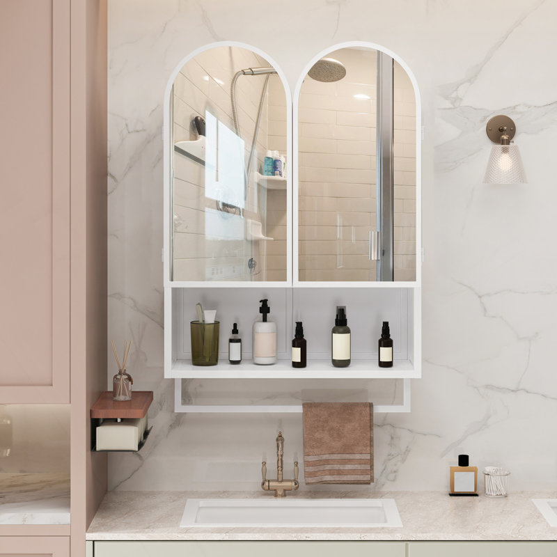23.62" Modern Double-Arched Mirror Cabinet,2 Doors Medicine Cabinet, Metal Wall Cabinet With Adjustable Shelves And Towel Rack, Mirror Cabinet With Storage For Bathroom, Living Room And Bedroom, White