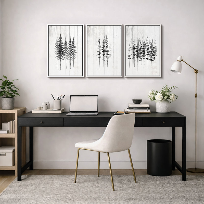 "Minimal Botanical", illustration de pins noirs et blancs, photos de bois de ferme rustique moderne, impression encadrée sur toile giclée, 3 pièces "16" x 24 "x 3 pièces, 24" x 36 "x 3 pièces