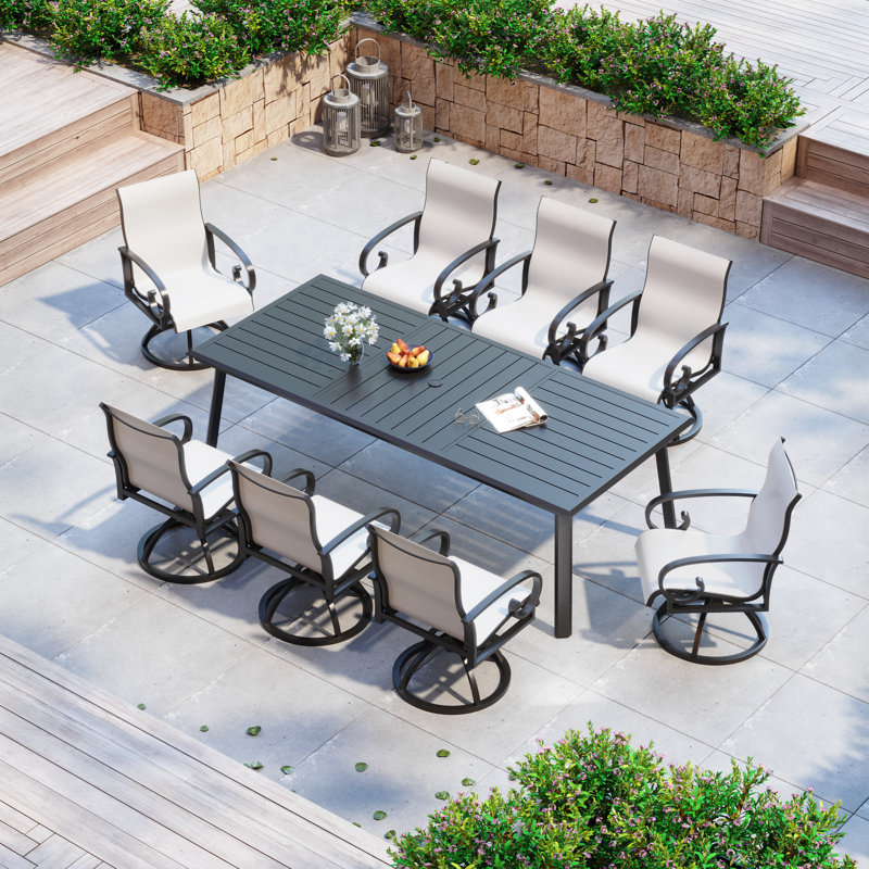 8 - Person Aluminum Patio Dining Set with Sunbrella Swivel Armchairs, White/Black