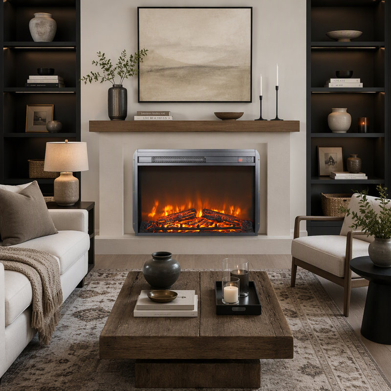 Foyer électrique encastré de 71 cm (28 po), chauffage ultramince avec bûches et flamme réaliste, télécommande avec minuterie, protection contre la surchauffe (foyer seulement).