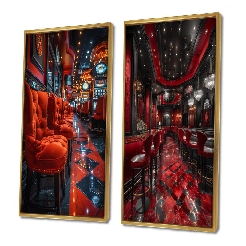 Rouge, noir, vibrant, Casinos I - ensemble de 2 pièces d'art mural, H 32 po x l 32 po, Impression encadrée, Doré