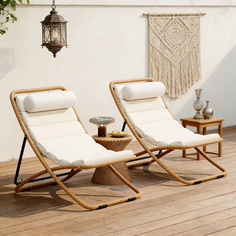 Chaise pliante d'extérieur 2 pièces, chaise de patio enveloppée de rotin avec dossier réglable, coussin épais et appui-tête détachable, pour la piscine, la plage, la cour, le camping et le camping