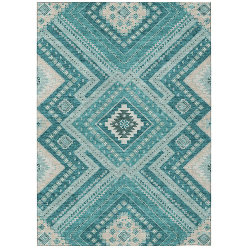 Tapis d'extérieur lavable 10 pi x 14 pi bleu sarcelle et ivoire Tribal